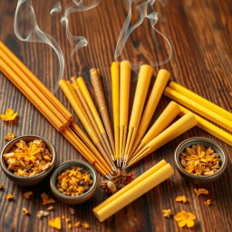 A beautiful display of various kinds of incense, featuring vibrant yellow tones