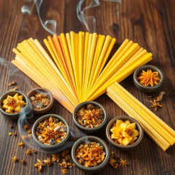 A beautiful display of various kinds of incense, featuring vibrant yellow tones