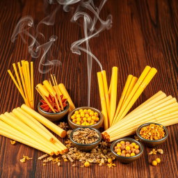A beautiful display of various kinds of incense, featuring vibrant yellow tones
