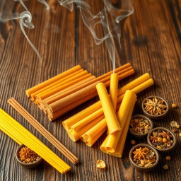 A beautiful display of various kinds of incense, featuring vibrant yellow tones