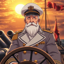 An elderly anime man dressed as a captain on a battleship, featuring a distinguished and authoritative appearance