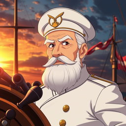An elderly anime man dressed as a captain on a battleship, featuring a distinguished and authoritative appearance