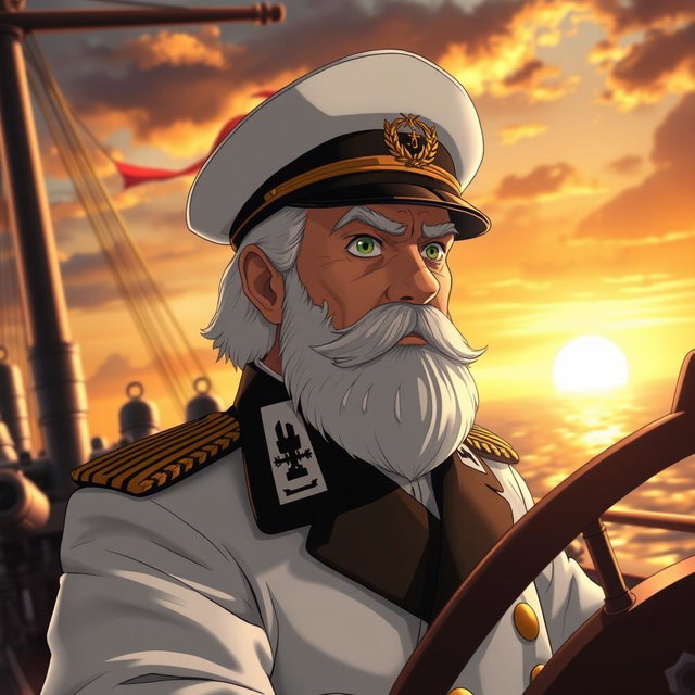An elderly anime man dressed as a captain on a battleship, featuring a distinguished and authoritative appearance