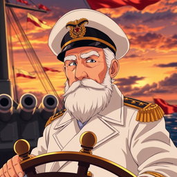 An elderly anime man dressed as a captain on a battleship, featuring a distinguished and authoritative appearance
