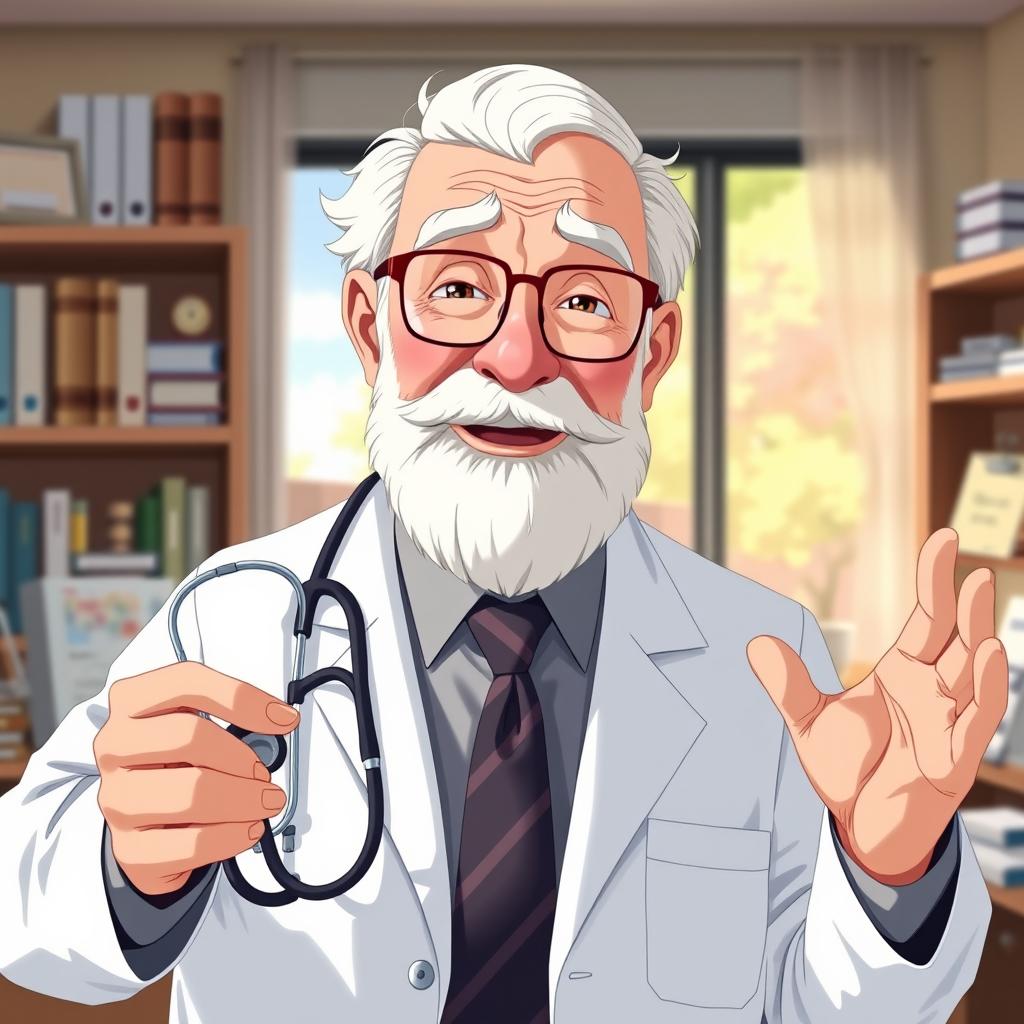An elderly anime man resembling a doctor, with spectacles perched on his nose and a kind, wise expression