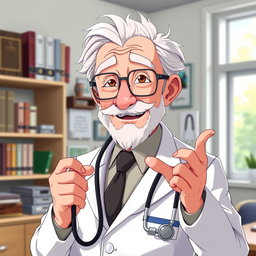 An elderly anime man resembling a doctor, with spectacles perched on his nose and a kind, wise expression