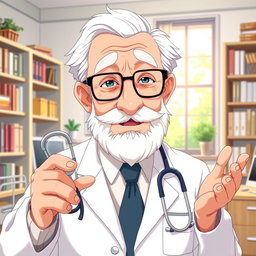 An elderly anime man resembling a doctor, with spectacles perched on his nose and a kind, wise expression