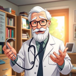 An elderly anime man resembling a doctor, with spectacles perched on his nose and a kind, wise expression