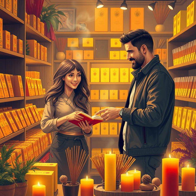 A warm and inviting scene depicting a man and woman selecting incense in a cozy store