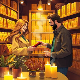 A warm and inviting scene depicting a man and woman selecting incense in a cozy store