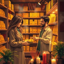 A warm and inviting scene depicting a man and woman selecting incense in a cozy store