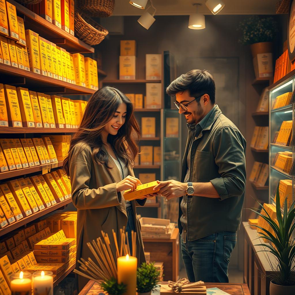 A warm and inviting scene depicting a man and woman selecting incense in a cozy store