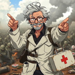 An elderly anime man resembling a doctor, dressed in a tattered lab coat and worn-out glasses, standing courageously in a battlefield setting