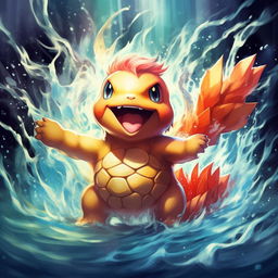 A stunningly designed Pokémon card featuring Squirtle, splashing water joyously in midst of an engaging background with vibrant colors and dynamic lighting effects.