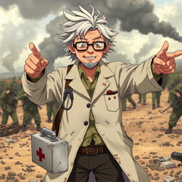 An elderly anime man resembling a doctor, dressed in a tattered lab coat and worn-out glasses, standing courageously in a battlefield setting