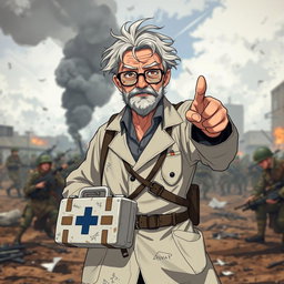 An elderly anime man resembling a doctor, dressed in a tattered lab coat and worn-out glasses, standing courageously in a battlefield setting