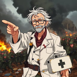 An elderly anime man resembling a doctor, dressed in a tattered lab coat and worn-out glasses, standing courageously in a battlefield setting