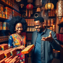 A vibrant and engaging scene of a man and a woman of color selecting incense in a culturally rich store
