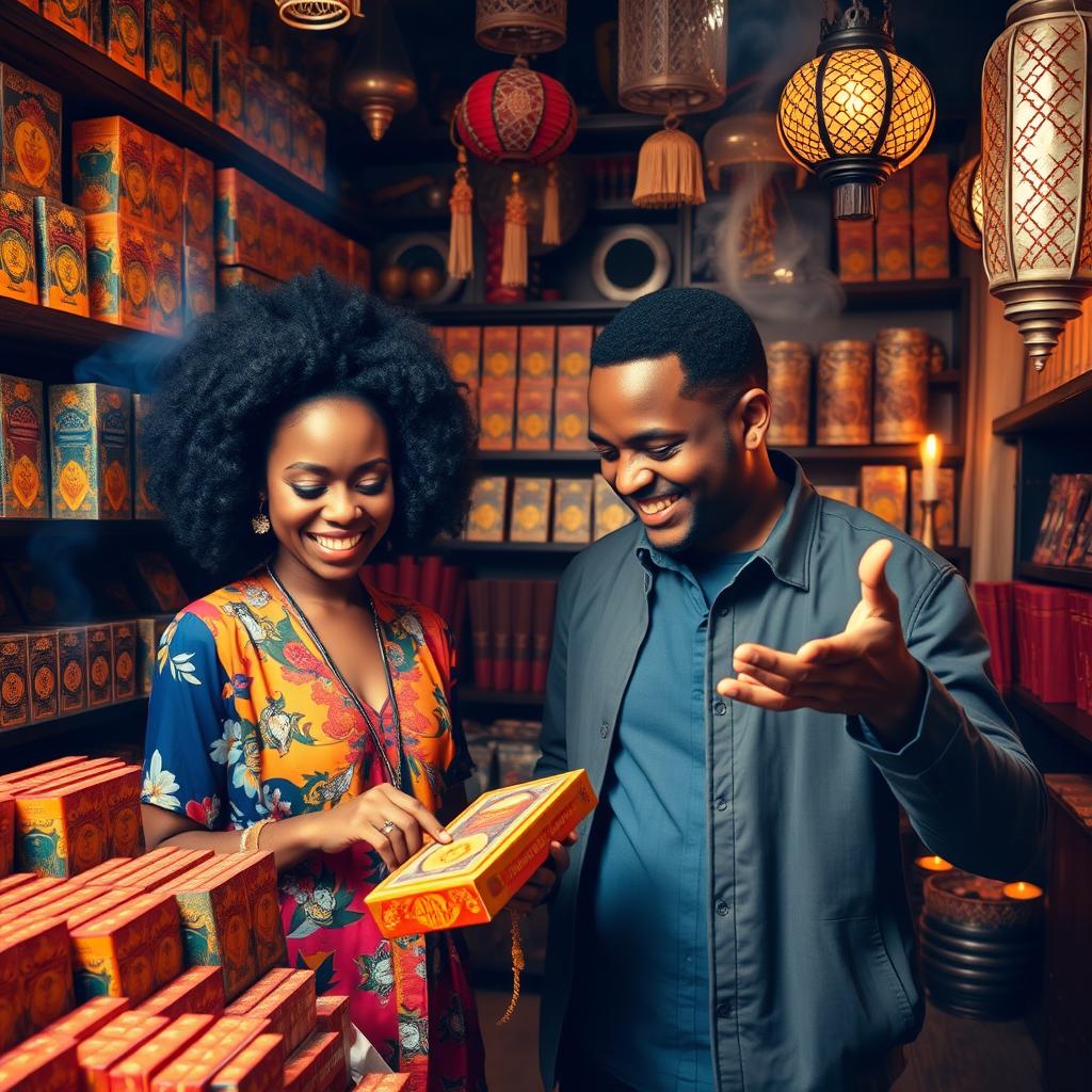 A vibrant and engaging scene of a man and a woman of color selecting incense in a culturally rich store