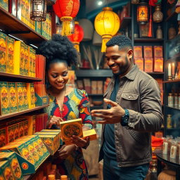 A vibrant and engaging scene of a man and a woman of color selecting incense in a culturally rich store