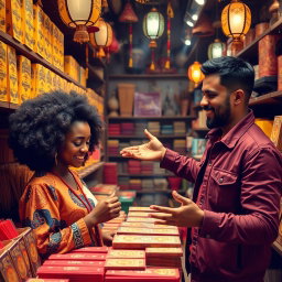A vibrant and engaging scene of a man and a woman of color selecting incense in a culturally rich store