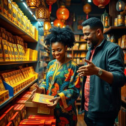 A vibrant and engaging scene of a man and a woman of color selecting incense in a culturally rich store