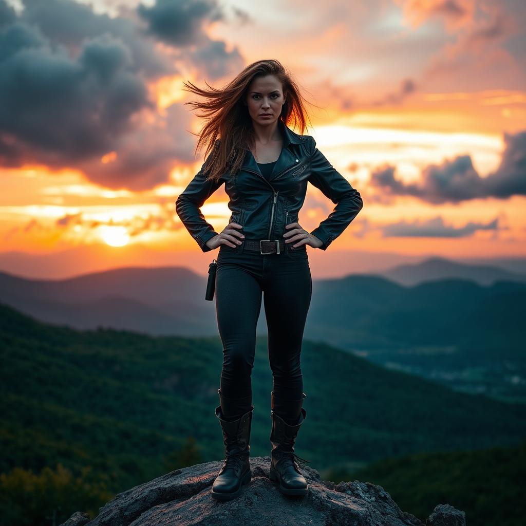 A strong and empowered woman stands confidently on a mountain peak, hands on her hips, with a fierce expression