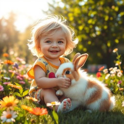 A delightful scene featuring a young child joyfully playing with a fluffy bunny rabbit in a sunny garden