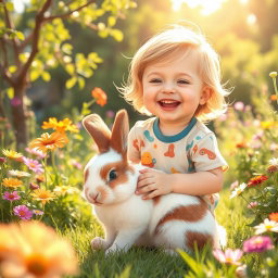 A delightful scene featuring a young child joyfully playing with a fluffy bunny rabbit in a sunny garden