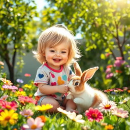 A delightful scene featuring a young child joyfully playing with a fluffy bunny rabbit in a sunny garden