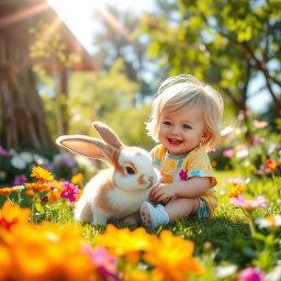 A delightful scene featuring a young child joyfully playing with a fluffy bunny rabbit in a sunny garden