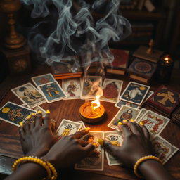 A captivating scene featuring burning incense on a beautifully crafted wooden table, surrounded by an array of tarot and oracle decks