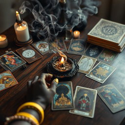 A captivating scene featuring burning incense on a beautifully crafted wooden table, surrounded by an array of tarot and oracle decks