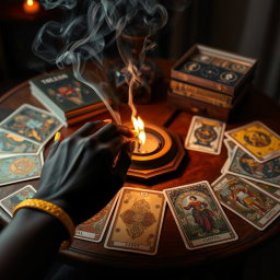 A captivating scene featuring burning incense on a beautifully crafted wooden table, surrounded by an array of tarot and oracle decks