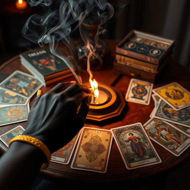 A captivating scene featuring burning incense on a beautifully crafted wooden table, surrounded by an array of tarot and oracle decks