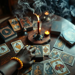 A captivating scene featuring burning incense on a beautifully crafted wooden table, surrounded by an array of tarot and oracle decks