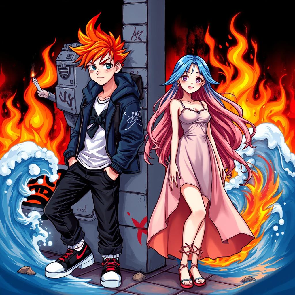 An album cover featuring a boy with fiery red hair, dressed in edgy streetwear, leaning against a graffiti wall, giving off a rebellious vibe with a cigarette in his hand