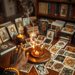 An enchanting scene featuring burning incense on an elegantly arranged wooden table, surrounded by a diverse collection of tarot and oracle decks