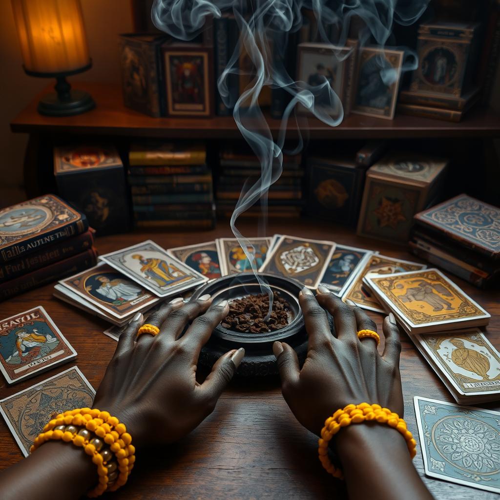 An enchanting scene featuring burning incense on an elegantly arranged wooden table, surrounded by a diverse collection of tarot and oracle decks