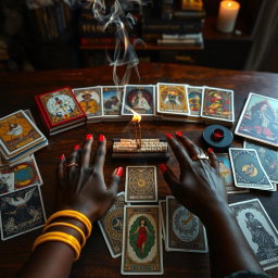 An enchanting scene featuring burning incense on an elegantly arranged wooden table, surrounded by a diverse collection of tarot and oracle decks