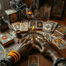 An enchanting scene featuring burning incense on an elegantly arranged wooden table, surrounded by a diverse collection of tarot and oracle decks