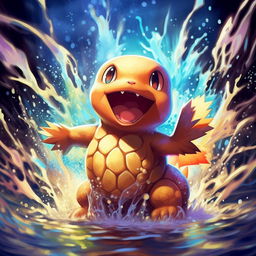 A stunningly designed Pokémon card featuring Squirtle, splashing water joyously in midst of an engaging background with vibrant colors and dynamic lighting effects.