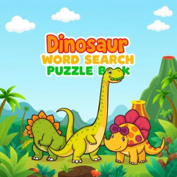 A vibrant and fun cover design for a 'Dinosaur Word Search Puzzle Book'