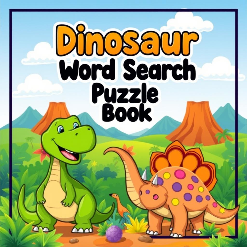 A vibrant and fun cover design for a 'Dinosaur Word Search Puzzle Book'