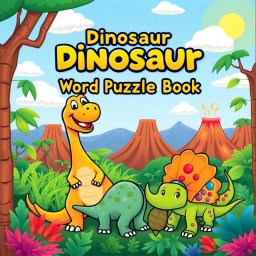 A vibrant and fun cover design for a 'Dinosaur Word Search Puzzle Book'