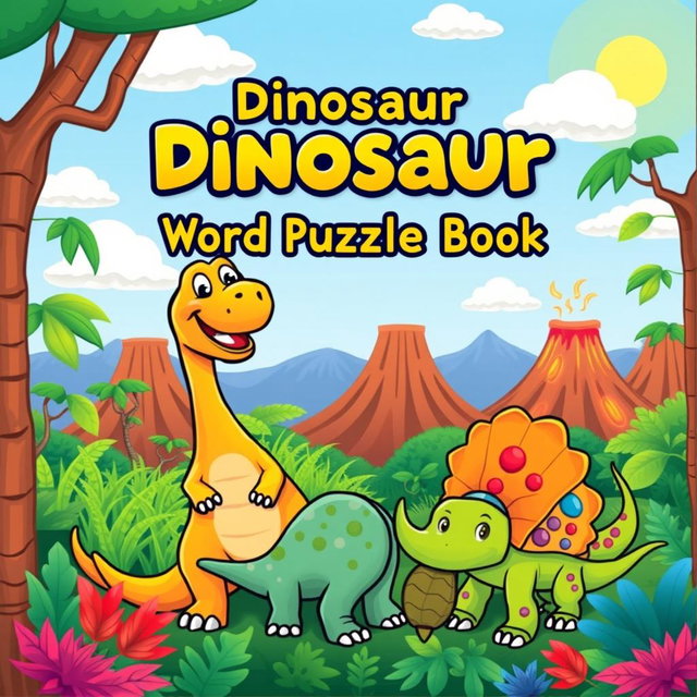A vibrant and fun cover design for a 'Dinosaur Word Search Puzzle Book'