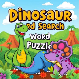 A vibrant and fun cover design for a 'Dinosaur Word Search Puzzle Book'