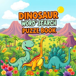 An eye-catching cover design for a 'Dinosaur Word Search Puzzle Book'