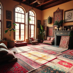 A vibrant interior of a traditional Lebanese home in Beirut filled with an array of colorful carpets on the floor, showcasing intricate patterns and textures