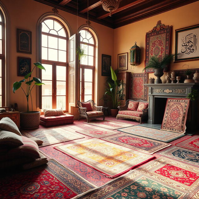 A vibrant interior of a traditional Lebanese home in Beirut filled with an array of colorful carpets on the floor, showcasing intricate patterns and textures
